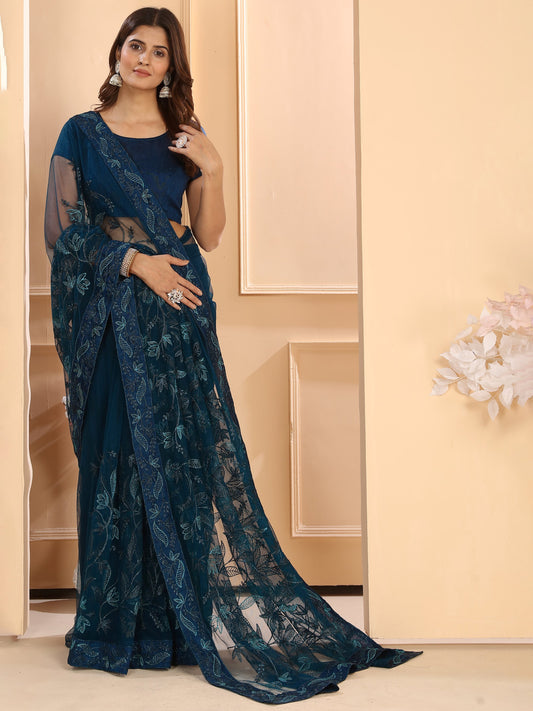 Peacock Blue Thread Embroidery Net Wedding & Party Wear Saree