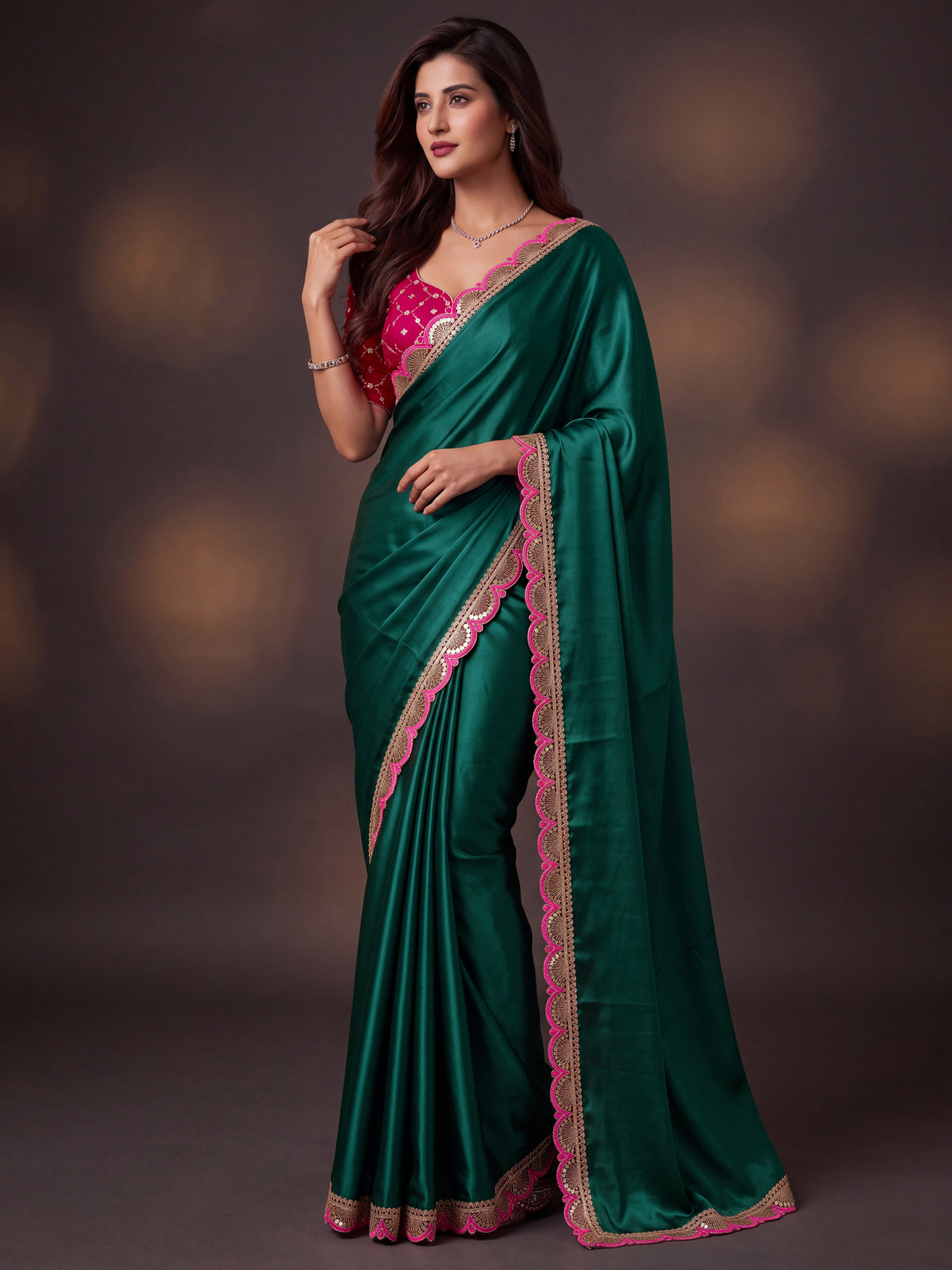 Teal Sequin Thread Work Chinon Festive Party Saree with Blouse
