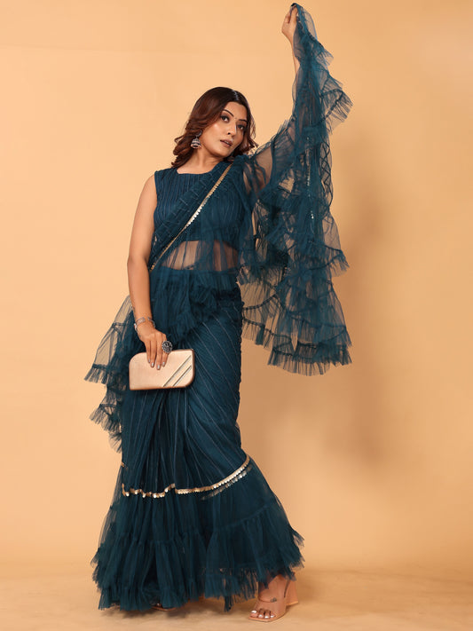 Teal Blue Embroidered Net Party Ready to Wear Ruffle Saree