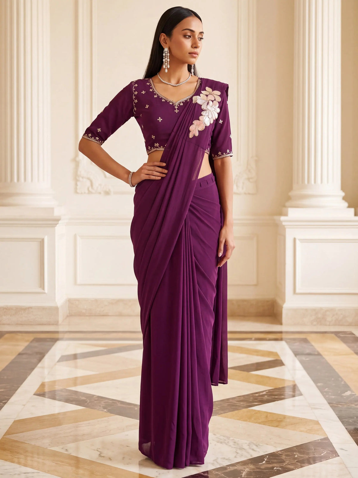 Wine Floral Patch Embroidered Georgette Party Ready to Wear Saree