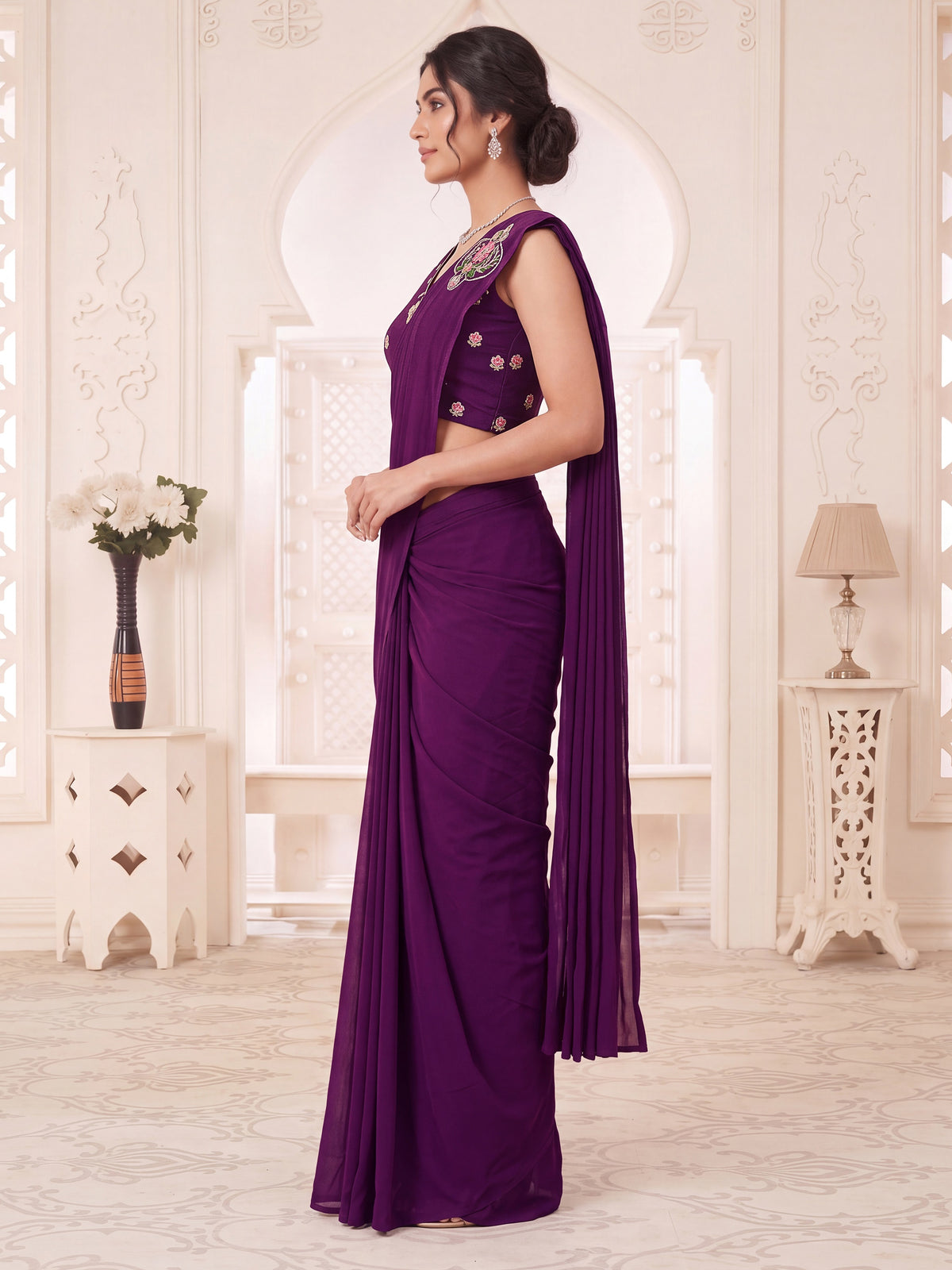Purple Embroidered Georgette Party Ready to Wear Pre-Stitched Saree
