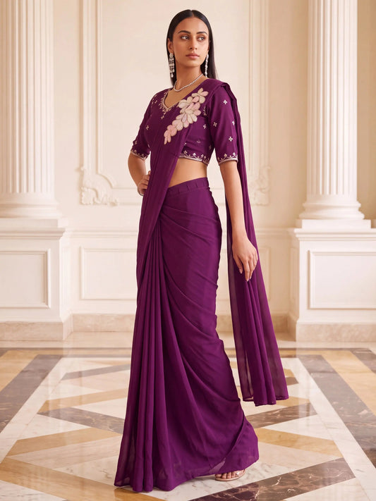 Wine Floral Patch Embroidered Georgette Party Ready to Wear Saree