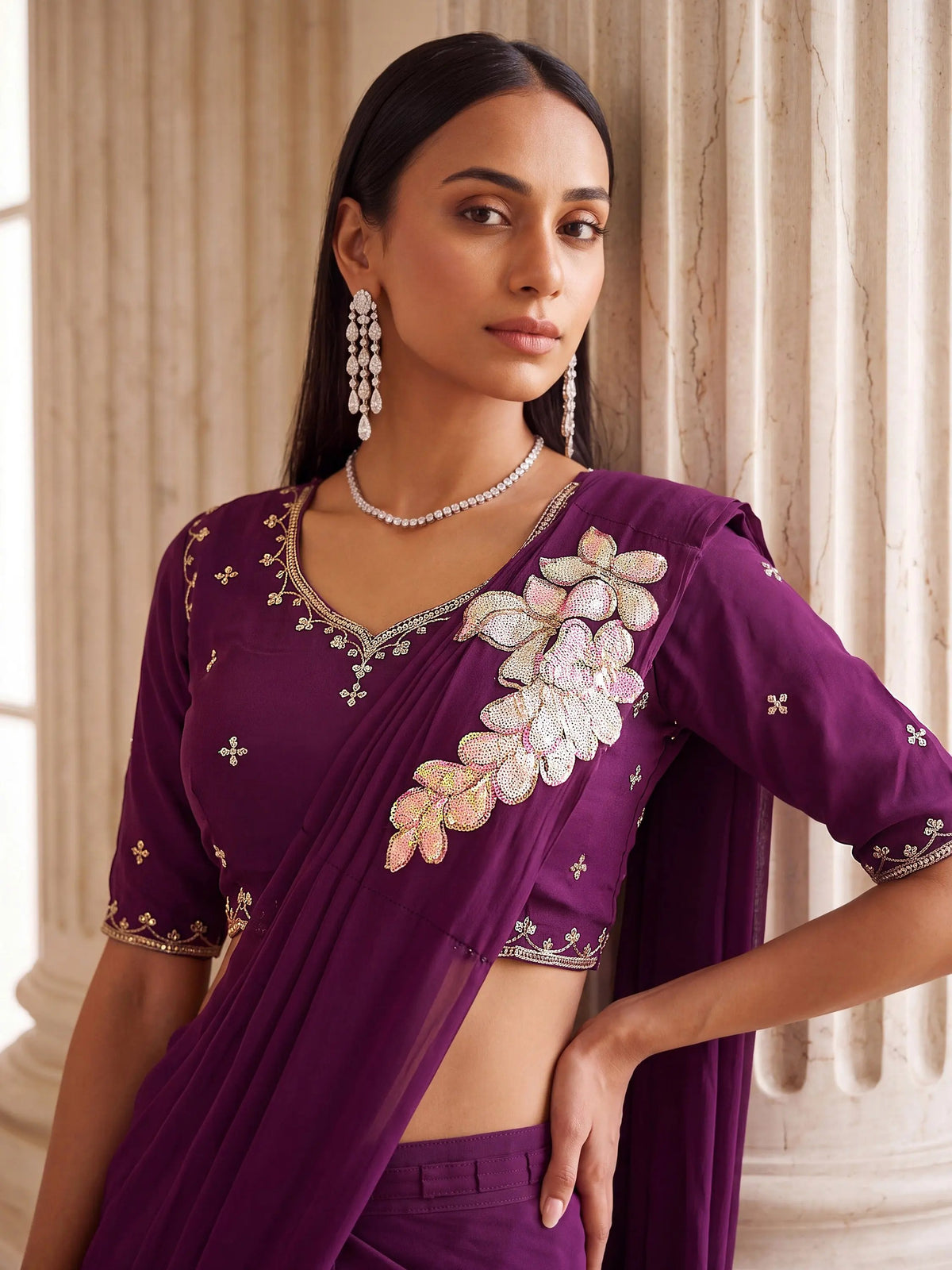 Wine Floral Patch Embroidered Georgette Party Ready to Wear Saree