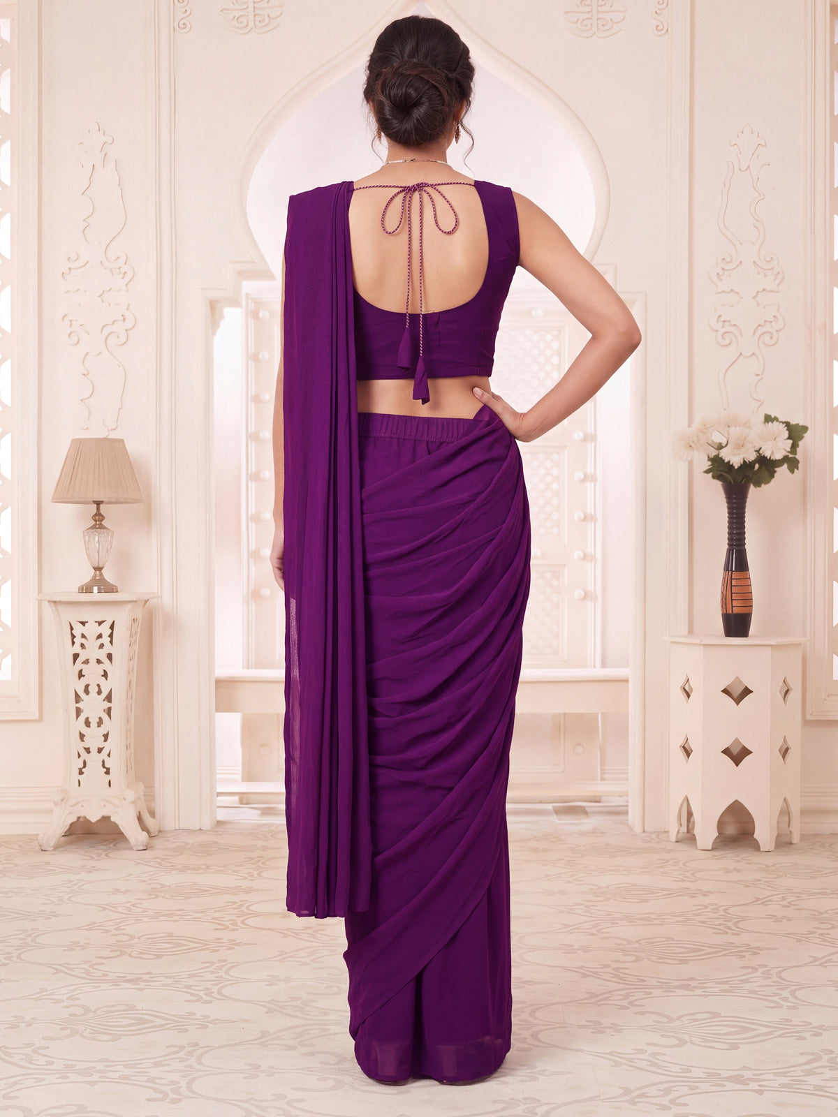 Purple Embroidered Georgette Party Ready to Wear Pre-Stitched Saree
