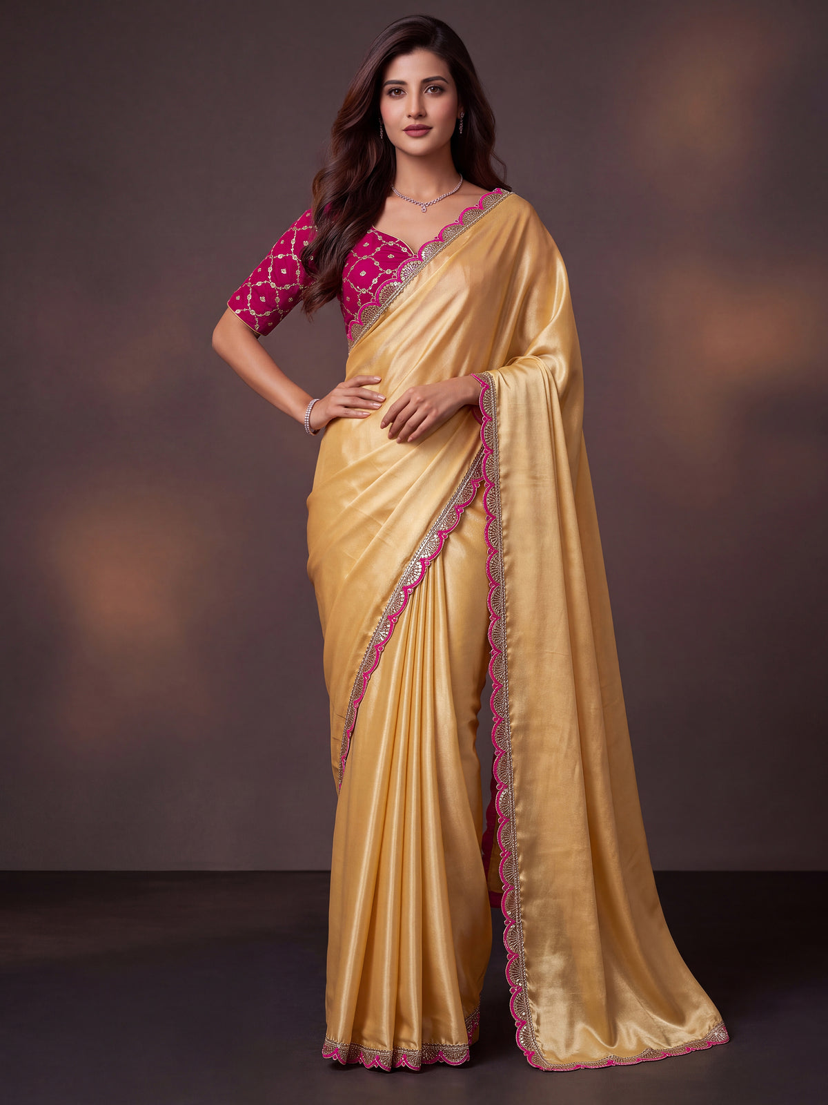 Yellow Sequin Thread Work Chinon Festive Party Saree with Blouse