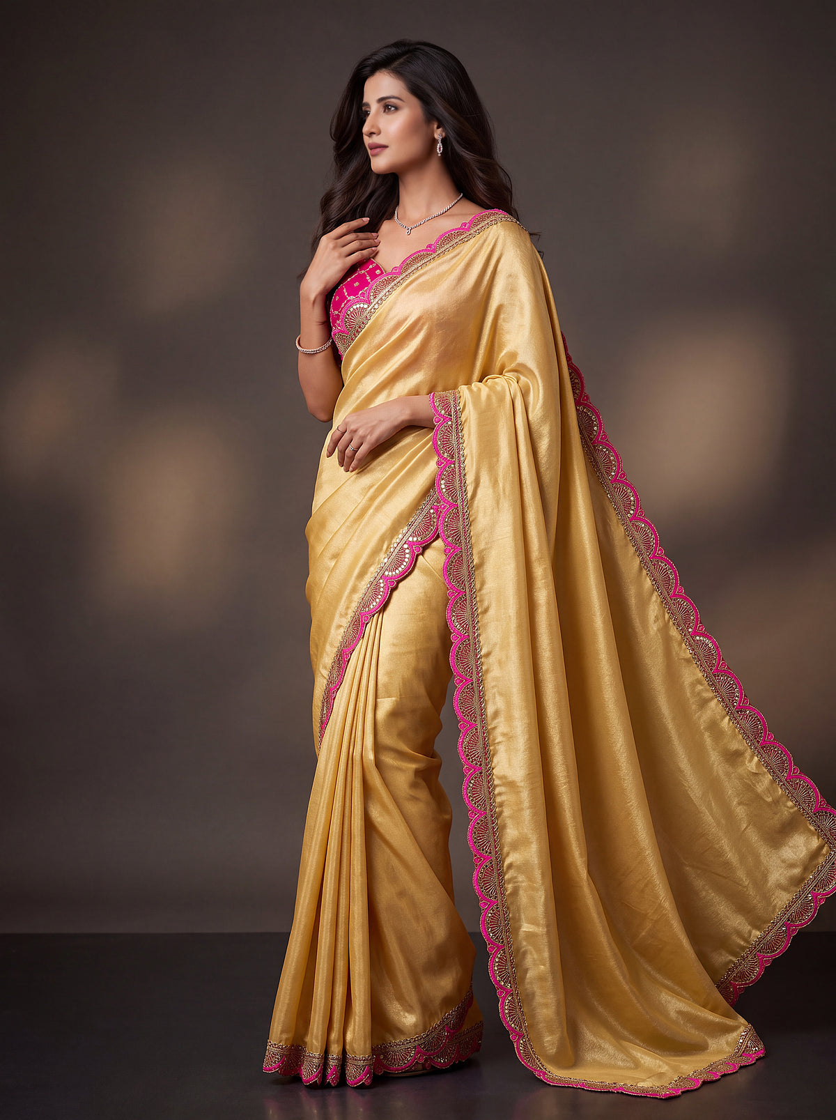 Yellow Sequin Thread Work Chinon Festive Party Saree with Blouse