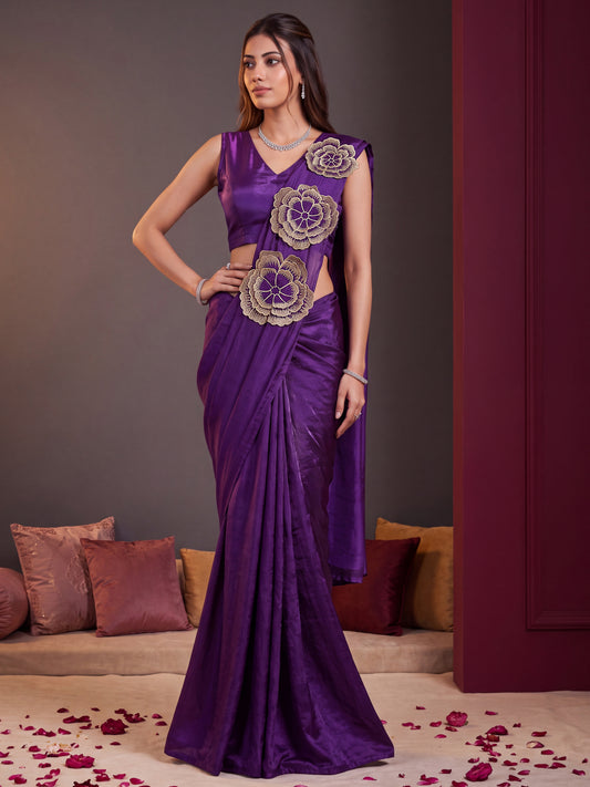 Purple 3D Floral Applique Fendy Silk Party Ready to Wear Saree
