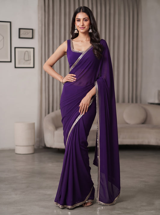 Purple Mirror Work Georgette Wedding Festive Party Wear Saree