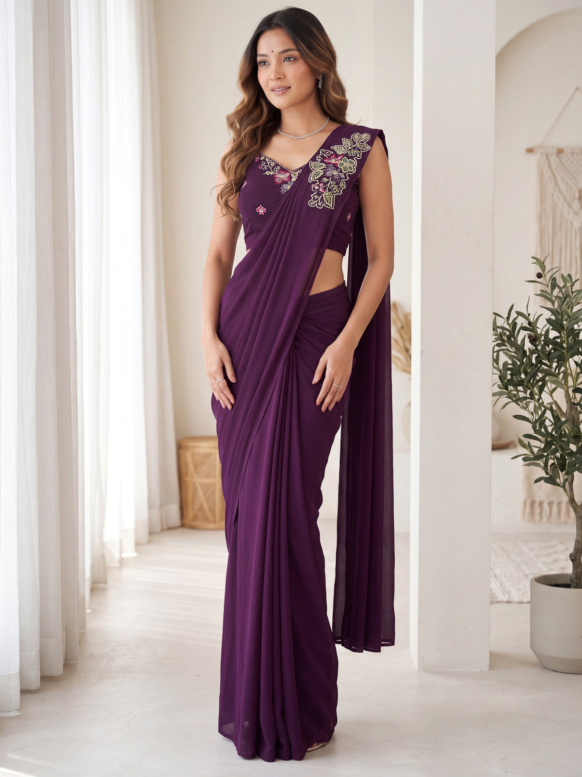 Wine Floral Embroidered Georgette Wedding Ready to Wear Saree