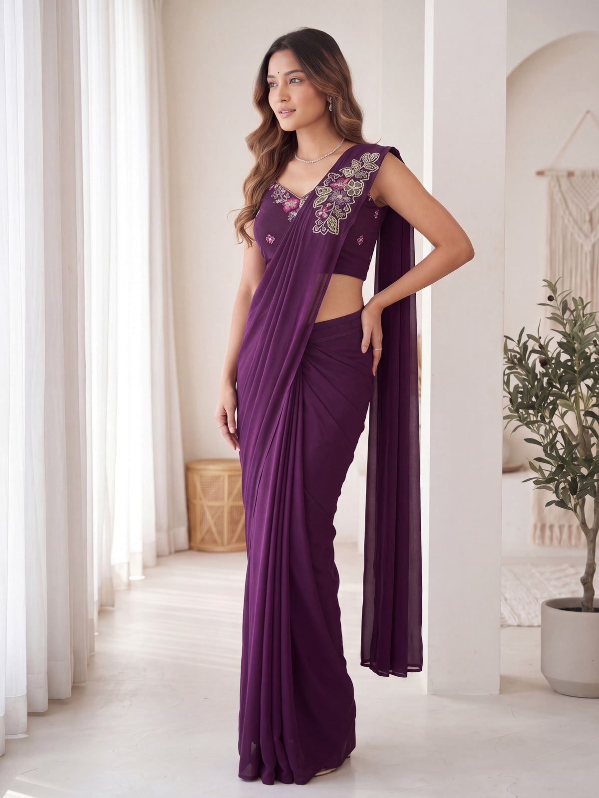 Wine Floral Embroidered Georgette Wedding Ready to Wear Saree