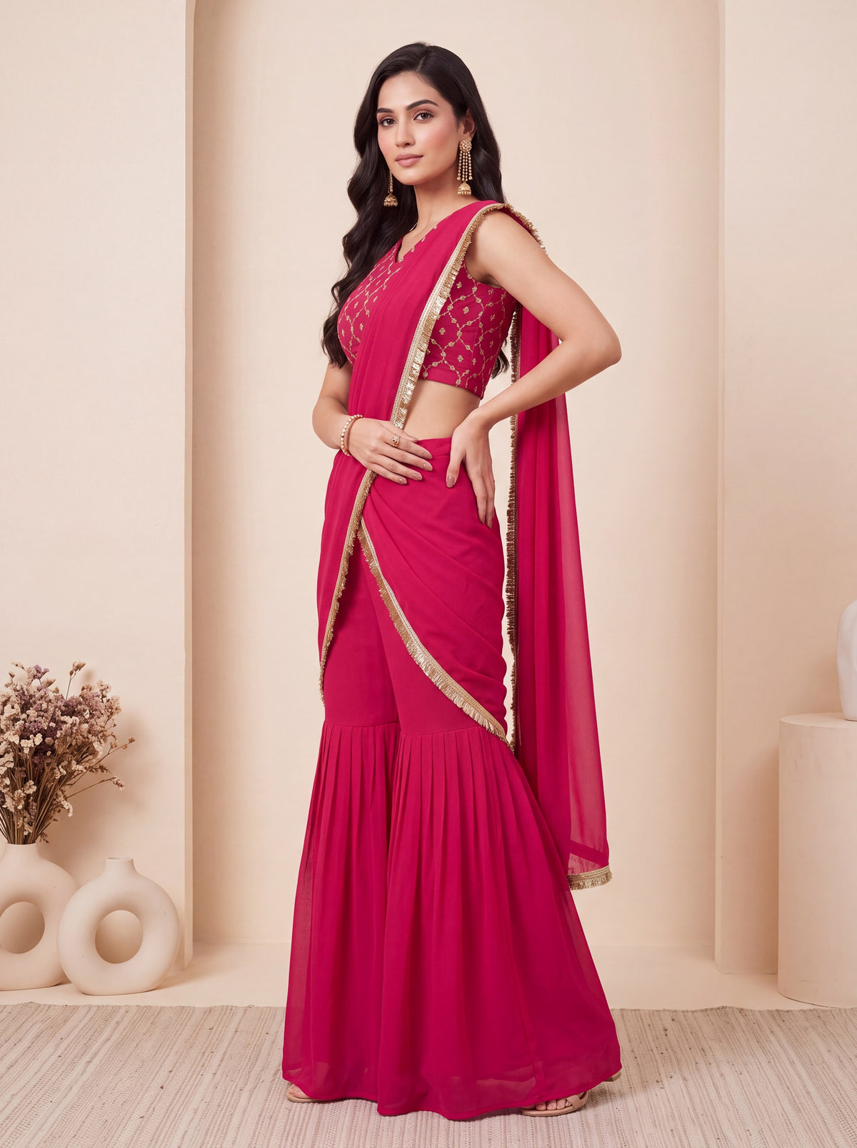 Rani Pink Sequin Georgette Party Ready to Wear Sharara Saree