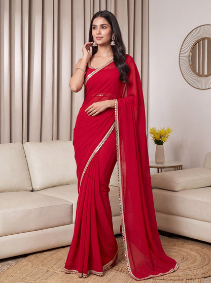 Red Mirror Work Georgette Festive Wedding Occasion Wear Saree