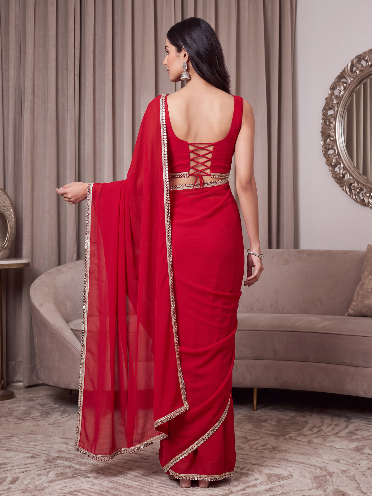Red Mirror Work Georgette Festive Wedding Occasion Wear Saree