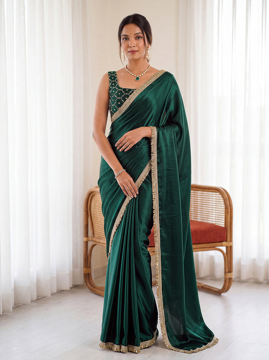 Bottle Green Sequins Embroidered Chinon Festive Ready to Wear Saree