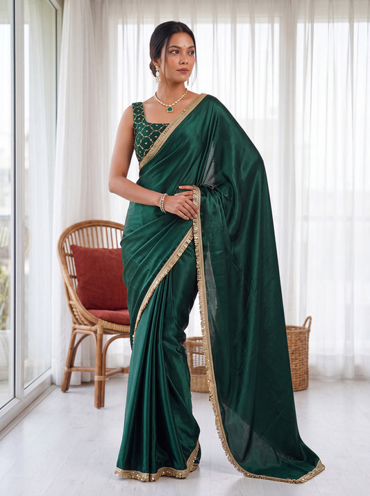 Bottle Green Sequins Embroidered Chinon Festive Ready to Wear Saree