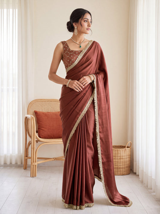 Coffee Brown Sequins Embroidered Chinon Festive Ready to Wear Saree