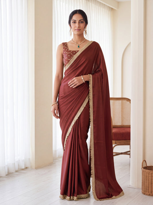 Coffee Brown Sequins Embroidered Chinon Festive Ready to Wear Saree