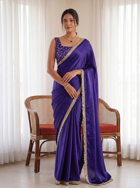 Purple Sequins Embroidered Chinon Festive Ready to Wear Saree