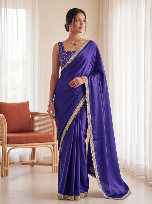 Purple Sequins Embroidered Chinon Festive Ready to Wear Saree
