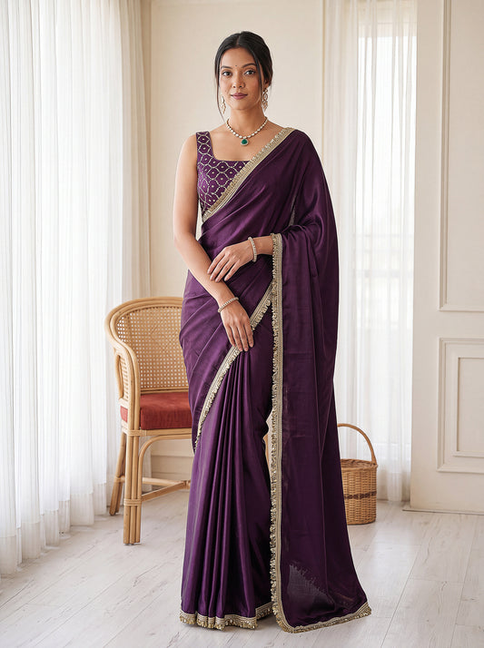 Wine Sequins Embroidered Chinon Festive Ready to Wear Saree