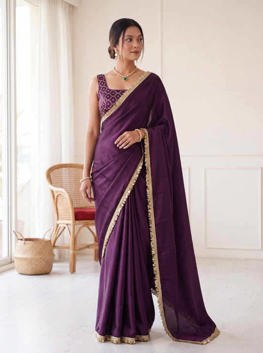 Wine Sequins Embroidered Chinon Festive Ready to Wear Saree