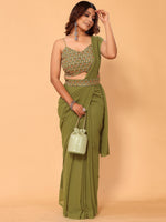 Mehendi Green Embroidered Georgette Party Wear Pre-Stitched Saree