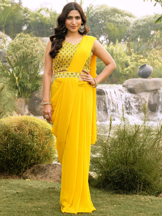 Yellow Embroidered Georgette Festive Pre-Stitched Saree for Women