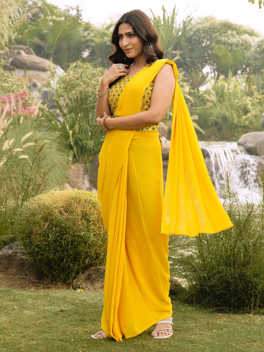 Yellow Embroidered Georgette Festive Pre-Stitched Saree for Women