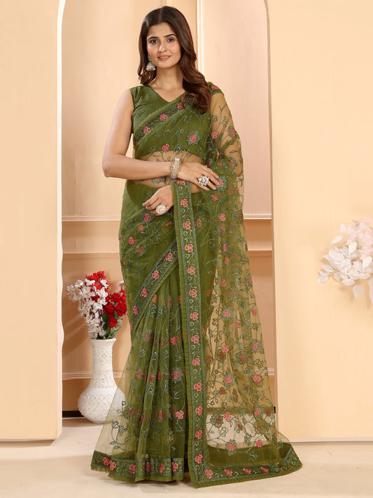 Mehendi Green Floral Embroidered Net Wedding Party Wear Saree