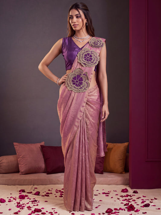 Onion Floral Applique Fendy Silk Designer Ready to Wear Saree