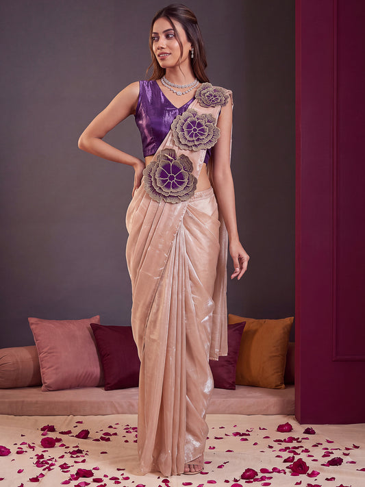 Cream-Purple Floral Applique Fendy Silk Party Ready to Wear Saree