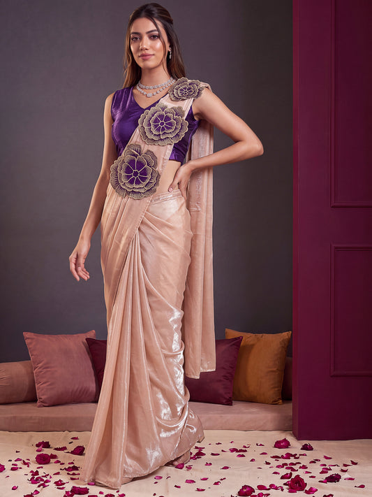 Cream-Purple Floral Applique Fendy Silk Party Ready to Wear Saree