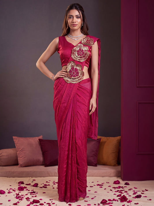 Pink 3D Floral Applique Fendy Silk Party Ready to Wear Saree