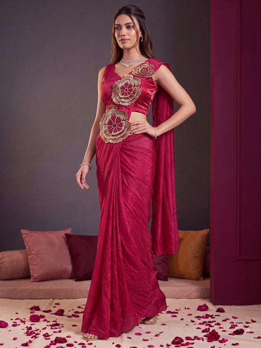Pink 3D Floral Applique Fendy Silk Party Ready to Wear Saree