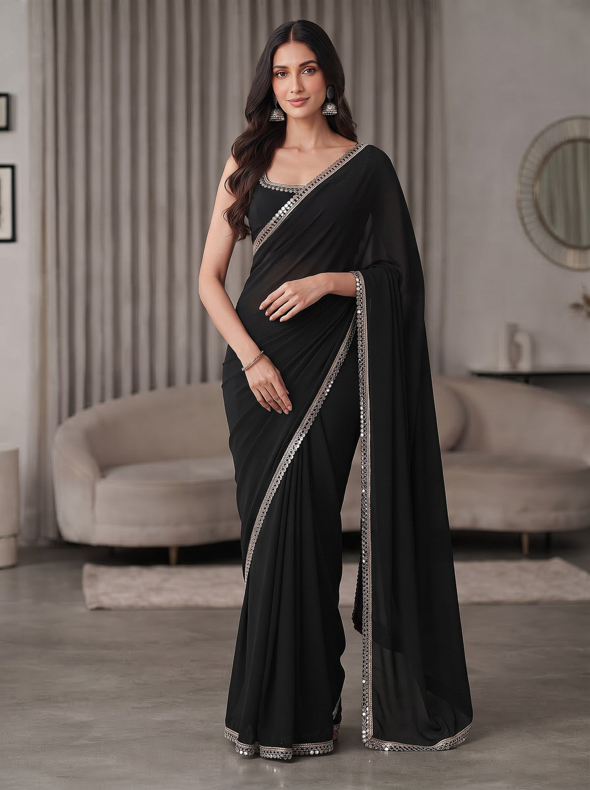 Black Mirror Work Georgette Festive Wedding Party Wear Saree
