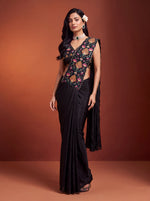 Black Floral Embroidered NC Satin Party Ready to Wear Saree