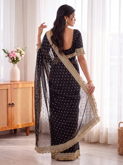 Black Golden Jacquard Butti Moss Satin Festive Traditional Saree