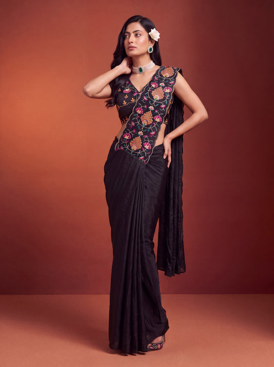 Black Floral Embroidered NC Satin Party Ready to Wear Saree