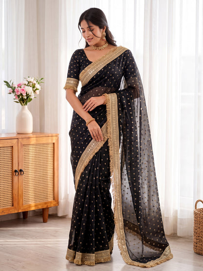 Black Golden Jacquard Butti Moss Satin Festive Traditional Saree