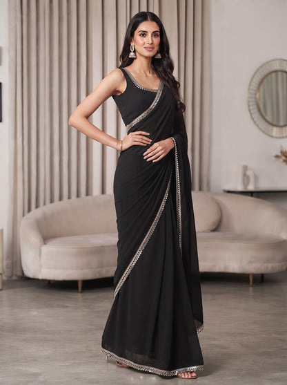 Black Mirror Work Georgette Festive Wedding Party Wear Saree