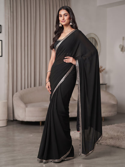 Black Mirror Work Georgette Festive Wedding Party Wear Saree
