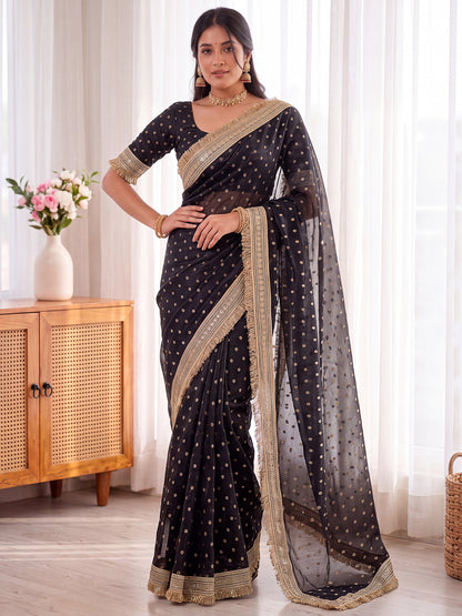 Black Golden Jacquard Butti Moss Satin Festive Traditional Saree