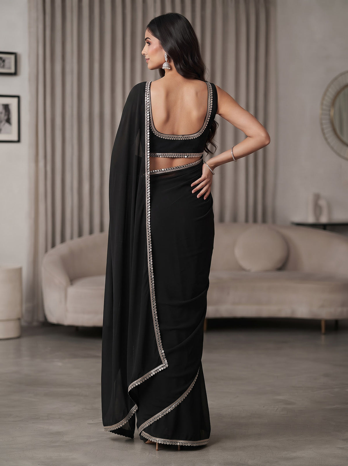 Black Mirror Work Georgette Festive Wedding Party Wear Saree