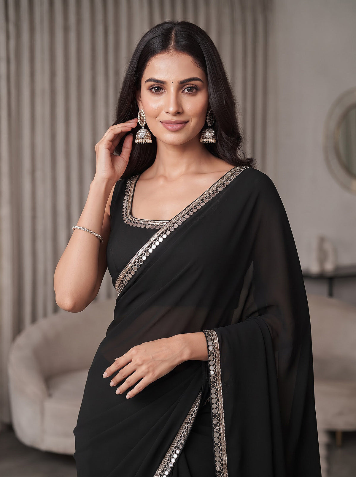 Black Mirror Work Georgette Festive Wedding Party Wear Saree