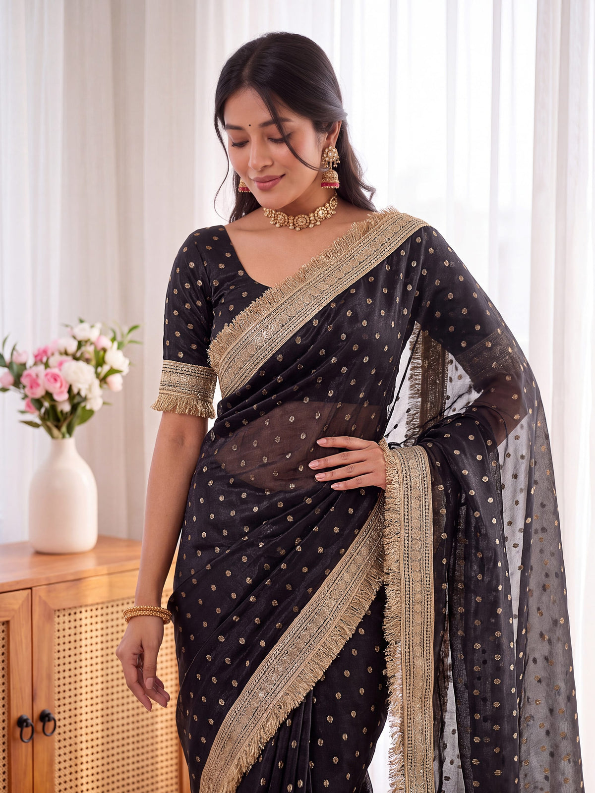Black Golden Jacquard Butti Moss Satin Festive Traditional Saree