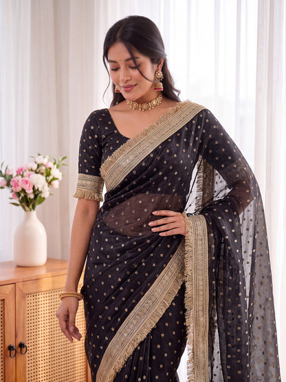 Black Golden Jacquard Butti Moss Satin Festive Traditional Saree