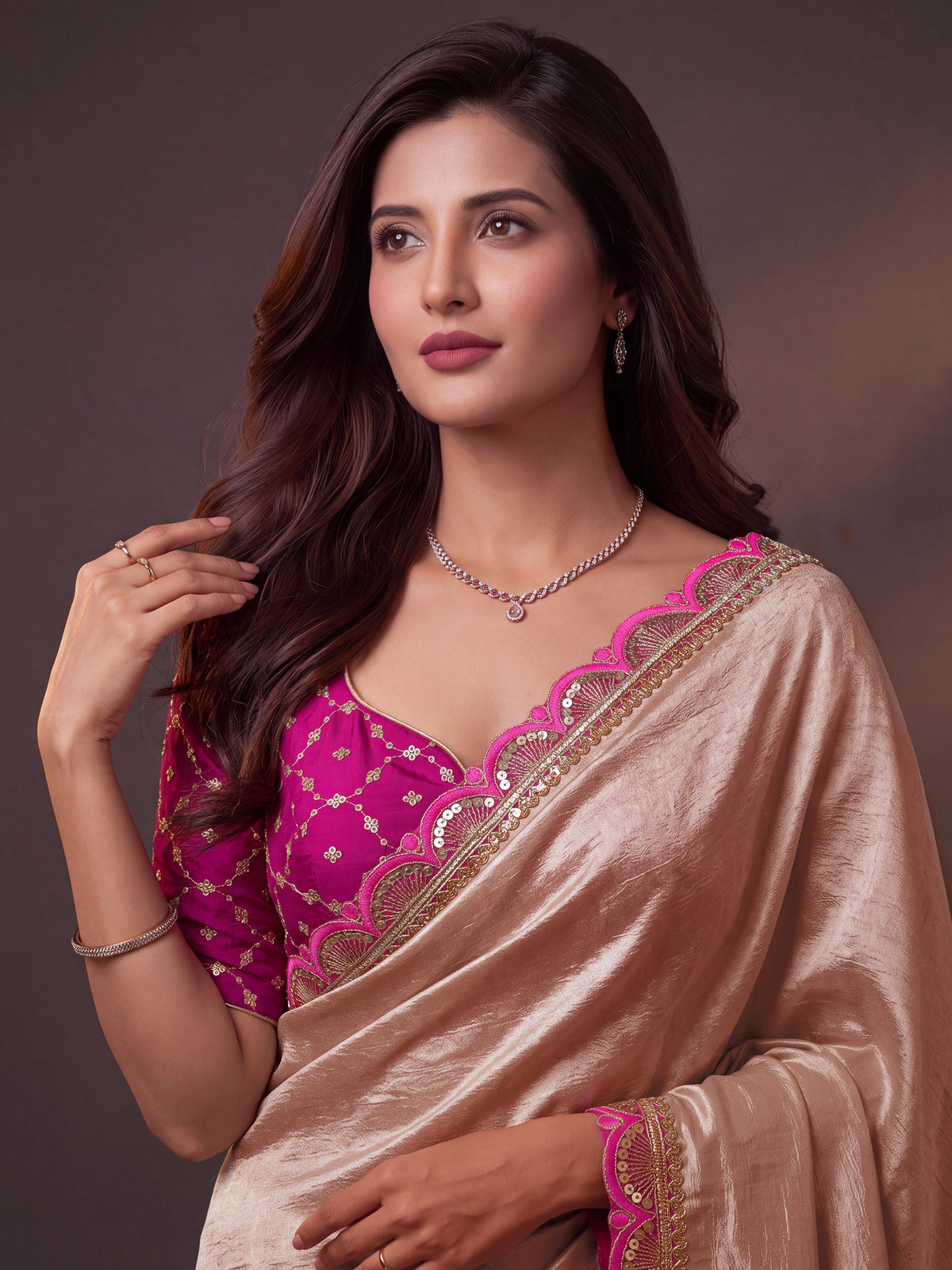 Chikoo Sequin Thread Work Chinon Festive Saree with Blouse
