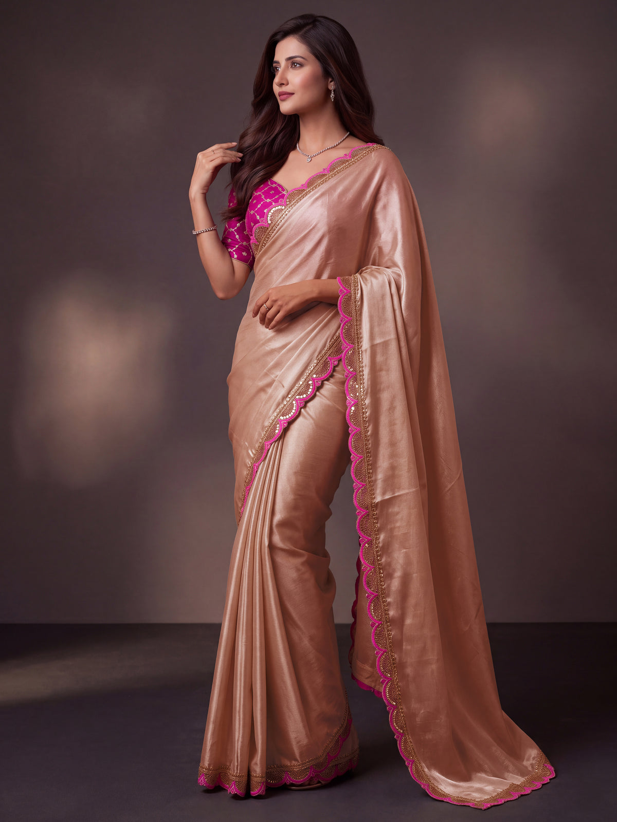 Chikoo Sequin Thread Work Chinon Festive Saree with Blouse