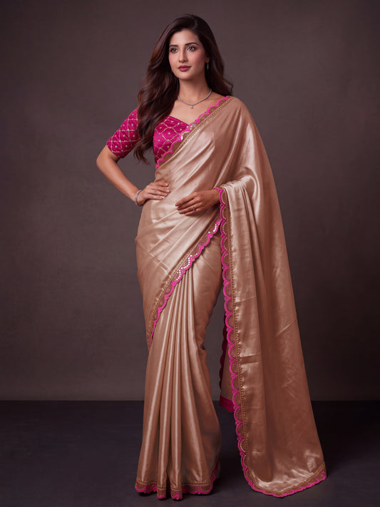 Chikoo Sequin Thread Work Chinon Festive Saree with Blouse