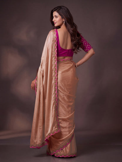 Chikoo Sequin Thread Work Chinon Festive Saree with Blouse